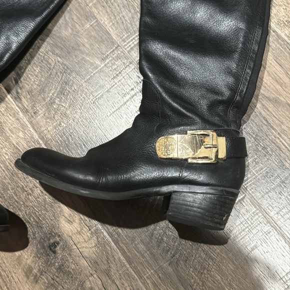 Vince Camuto Black Leather Riding Boots with gold buckles over the knee - Picture 2 of 13